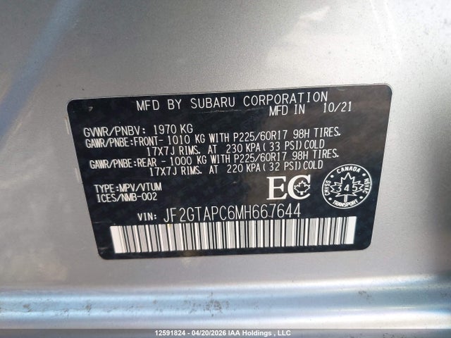 Aukcja sprzedaży 2021 Subaru Crosstrek Touring, vin: JF2GTAPC6MH667644, numer aukcji: 12591824