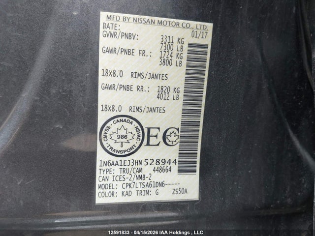 1N6AA1EJ3HN528944 Nissan Titan Platinum Reserve/pro-4x/s/sl/sv