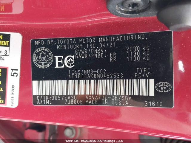 4T1G11AK8MU452533 Toyota CAMRY SE