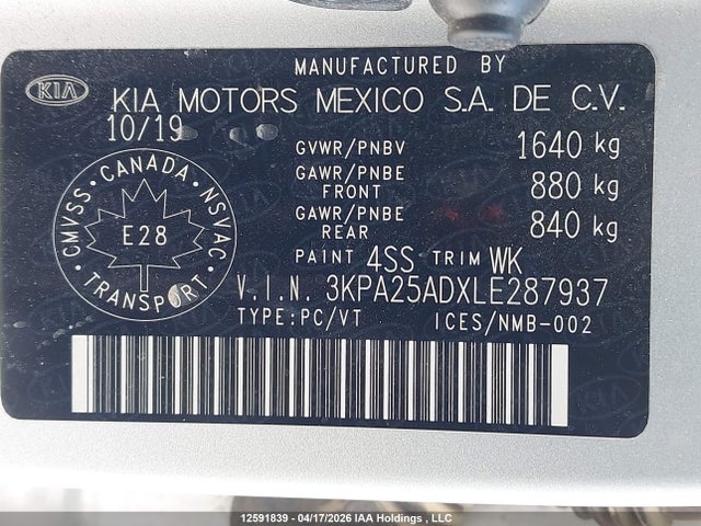 Продаж на аукціоні авто 2020 Kia Rio Lx/s, vin: 3KPA25ADXLE287937, номер лоту: 12591839