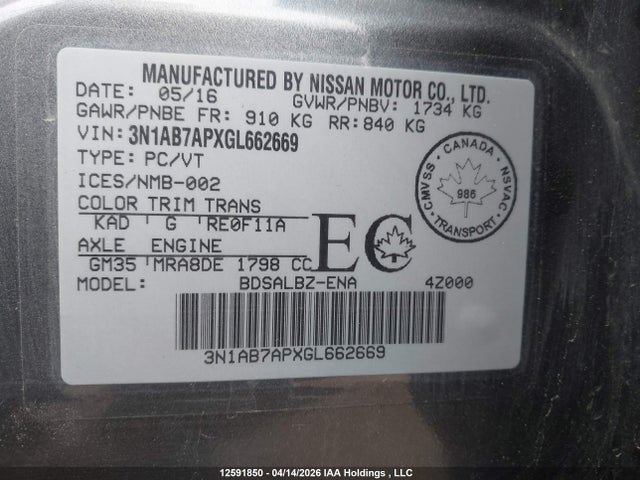 Aukcja sprzedaży 2016 Nissan Sentra 1.8 S/1.8 Sl/1.8 Sr/1.8 Sv, vin: 3N1AB7APXGL662669, numer aukcji: 12591850