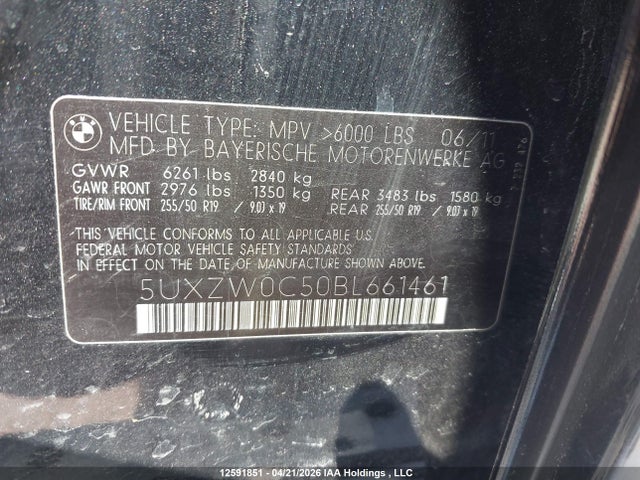 Aukcja sprzedaży 2011 Bmw X5 Xdrive35d, vin: 5UXZW0C50BL661461, numer aukcji: 12591851