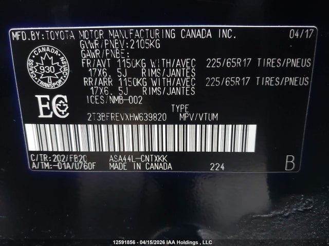 2T3BFREVXHW639820 Toyota RAV4 LE