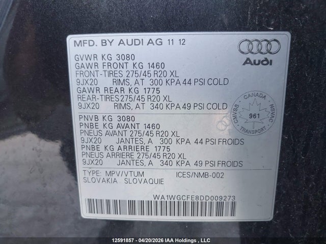 12591857 :رقم المزاد ، WA1WGCFE8DD009273 vin ، 2013 Audi Q7 Prestige مزاد بيع