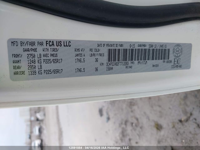 12591884 :رقم المزاد ، 3C4PDCAB2FT712283 vin ، 2015 Dodge Journey مزاد بيع