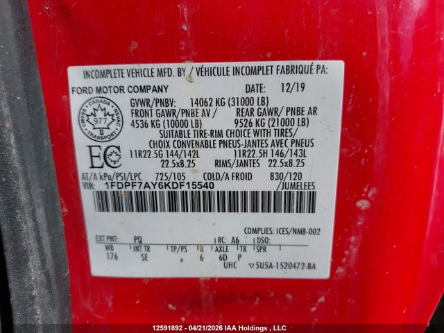 Продажа на аукционе авто 2019 Ford F750 Super Duty, vin: 1FDPF7AY6KDF15540, номер лота: 12591892