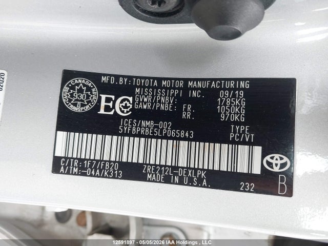 12591897 :رقم المزاد ، 5YFBPRBE5LP065843 vin ، 2020 Toyota Corolla L/le/xle مزاد بيع