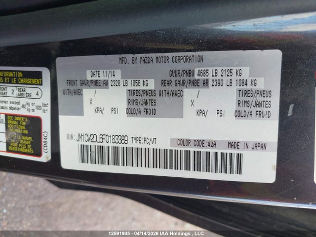 12591905 :رقم المزاد ، JM1CW2DL6F0183389 vin ، 2015 Mazda 5 Grand Touring مزاد بيع