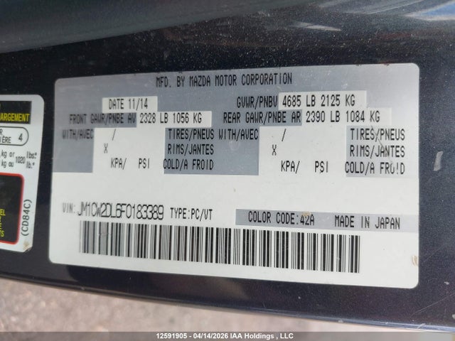 12591905 :رقم المزاد ، JM1CW2DL6F0183389 vin ، 2015 Mazda 5 Grand Touring مزاد بيع