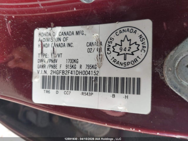 Продаж на аукціоні авто 2013 Honda Civic Lx, vin: 2HGFB2F41DH004152, номер лоту: 12591930