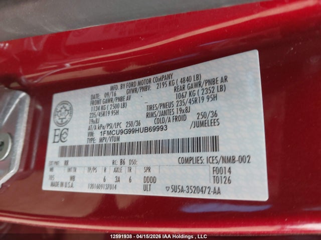1FMCU9G99HUB69993 Ford ESCAPE SE