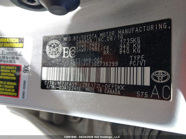 2016 Toyota Corolla მანქანა იყიდება აუქციონზე, vin: 2T1BURHE3GC736299, აუქციონის ნომერი: 12591940