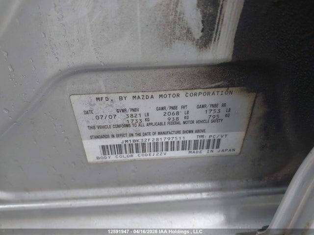 Aukcja sprzedaży 2008 Mazda 3 I, vin: JM1BK32F281797511, numer aukcji: 12591947