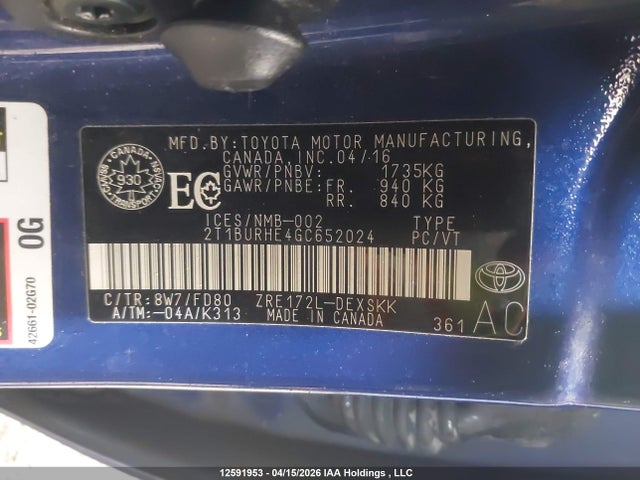 2T1BURHE4GC652024 Toyota Corolla L/le/le Pls/prm/s/s Pls