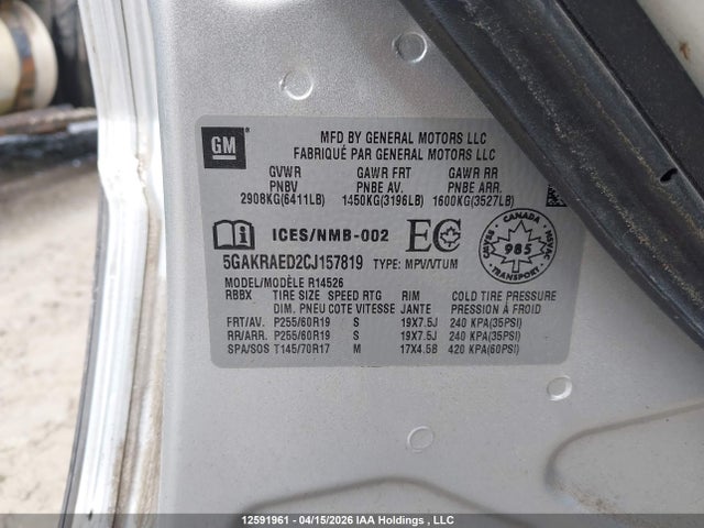 Продажа на аукционе авто 2012 Buick Enclave, vin: 5GAKRAED2CJ157819, номер лота: 12591961