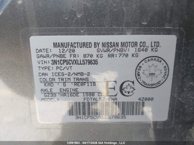 3N1CP5CVXLL579635 Nissan KICKS SV