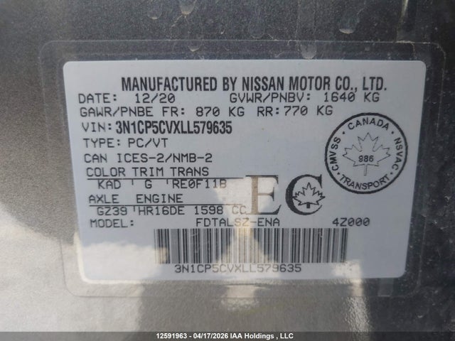 3N1CP5CVXLL579635 Nissan KICKS SV