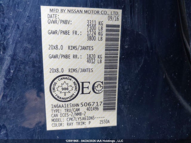 Продаж на аукціоні авто 2017 Nissan Titan Platinum Reserve/pro-4x/s/sl/sv, vin: 1N6AA1E5XHN506717, номер лоту: 12591965
