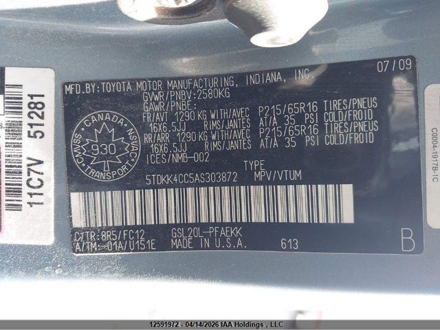 12591972 :رقم المزاد ، 5TDKK4CC5AS303872 vin ، 2010 Toyota Sienna Ce/le مزاد بيع