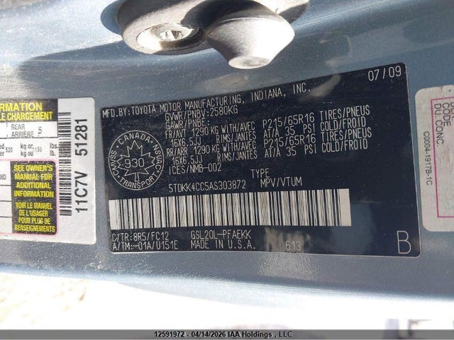 12591972 :رقم المزاد ، 5TDKK4CC5AS303872 vin ، 2010 Toyota Sienna Ce/le مزاد بيع