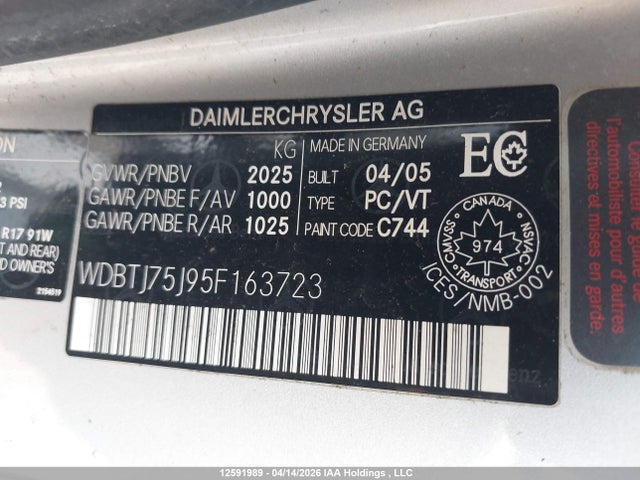 2005 Mercedes-benz Clk 500 მანქანა იყიდება აუქციონზე, vin: WDBTJ75J95F163723, აუქციონის ნომერი: 12591989
