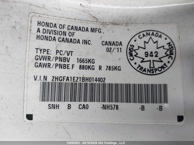 Aukcja sprzedaży 2011 Honda Civic Dx, vin: 2HGFA1E21BH014402, numer aukcji: 12592003
