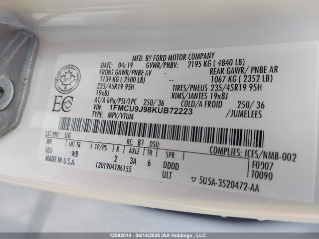 12592014 :رقم المزاد ، 1FMCU9J98KUB72223 vin ، 2019 Ford Escape Titanium مزاد بيع