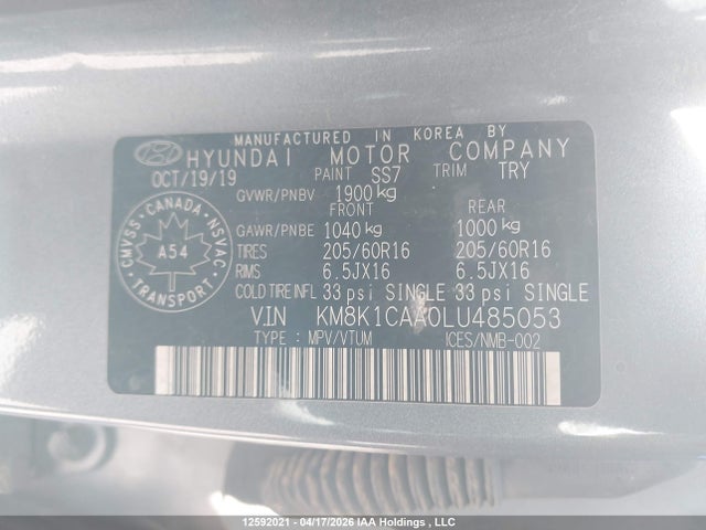 2020 Hyundai Kona Essential 4p Ti მანქანა იყიდება აუქციონზე, vin: KM8K1CAA0LU485053, აუქციონის ნომერი: 12592021