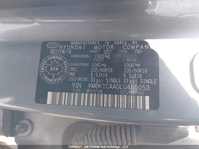 2020 Hyundai Kona Essential 4p Ti მანქანა იყიდება აუქციონზე, vin: KM8K1CAA0LU485053, აუქციონის ნომერი: 12592021