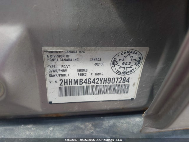Aukcja sprzedaży 2000 Acura 1.6el Se, vin: 2HHMB4642YH907284, numer aukcji: 12592027