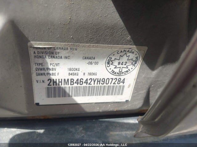 Aukcja sprzedaży 2000 Acura 1.6el Se, vin: 2HHMB4642YH907284, numer aukcji: 12592027