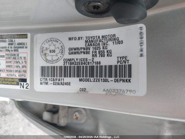 12592038 :رقم المزاد ، 2T1BR32E84C817186 vin ، 2004 Toyota Corolla مزاد بيع