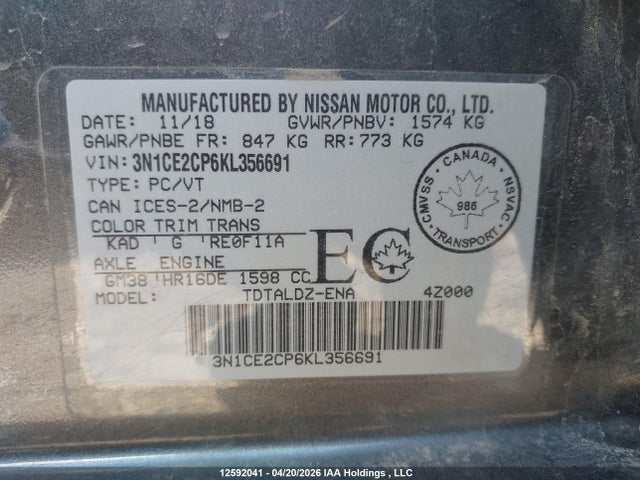 3N1CE2CP6KL356691 Nissan Versa Note S/sr/sv