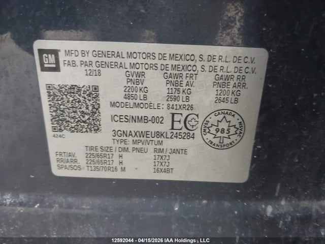 2019 Chevrolet Equinox Lt მანქანა იყიდება აუქციონზე, vin: 3GNAXWEU8KL245284, აუქციონის ნომერი: 12592044