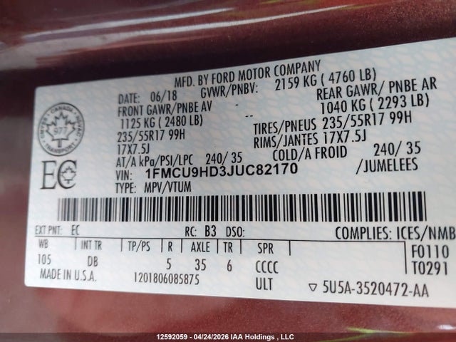 Продаж на аукціоні авто 2018 Ford Escape Sel, vin: 1FMCU9HD3JUC82170, номер лоту: 12592059