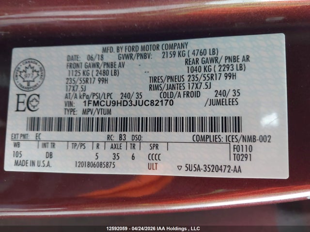 Продаж на аукціоні авто 2018 Ford Escape Sel, vin: 1FMCU9HD3JUC82170, номер лоту: 12592059