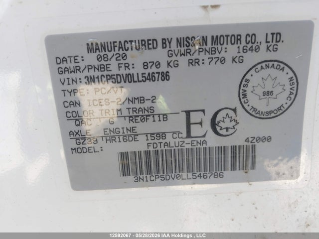 Продажа на аукционе авто 2020 Nissan Kicks Sr, vin: 3N1CP5DV0LL546786, номер лота: 12592067