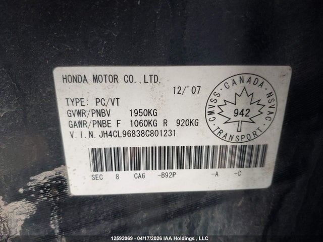Продаж на аукціоні авто 2008 Acura Tsx, vin: JH4CL96838C801231, номер лоту: 12592069
