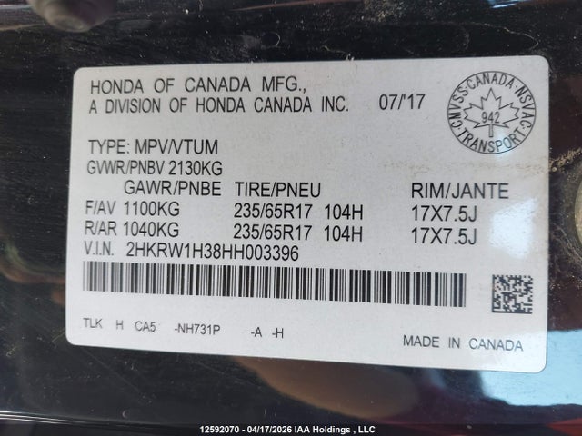 2017 Honda Cr-v მანქანა იყიდება აუქციონზე, vin: 2HKRW1H38HH003396, აუქციონის ნომერი: 12592070