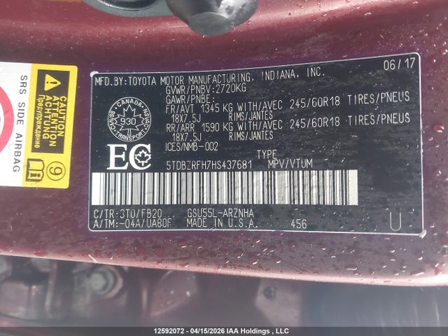 5TDBZRFH7HS437681 Toyota Highlander Le