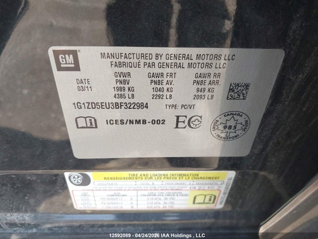 12592089 :رقم المزاد ، 1G1ZD5EU3BF322984 vin ، 2011 Chevrolet Malibu 2lt مزاد بيع