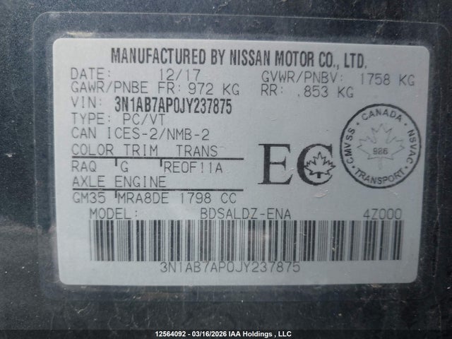 3N1AB7AP0JY237875 Nissan Sentra 1.8 S/1.8 Sv/1.8 Sv Midnight Edition