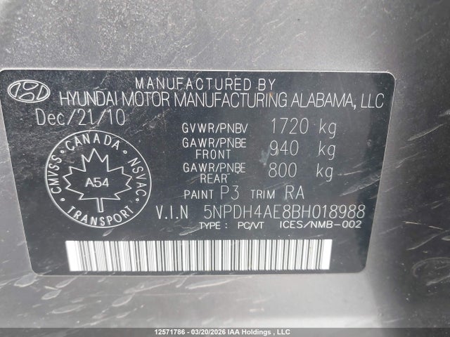 Продаж на аукціоні авто 2011 Hyundai Elantra L, vin: 5NPDH4AE8BH018988, номер лоту: 12571786