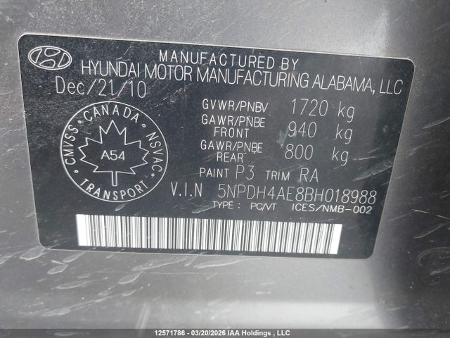 Продаж на аукціоні авто 2011 Hyundai Elantra L, vin: 5NPDH4AE8BH018988, номер лоту: 12571786