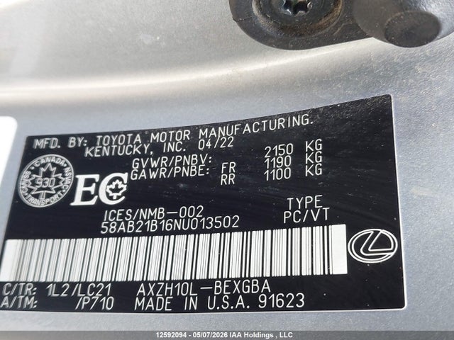 Продаж на аукціоні авто 2022 Lexus Es 300h 300h, vin: 58AB21B16NU013502, номер лоту: 12592094