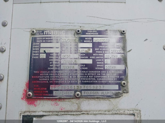 12592097 :رقم المزاد ، 2M5921613X7059237 vin ، 1999 Manac Inc  مزاد بيع