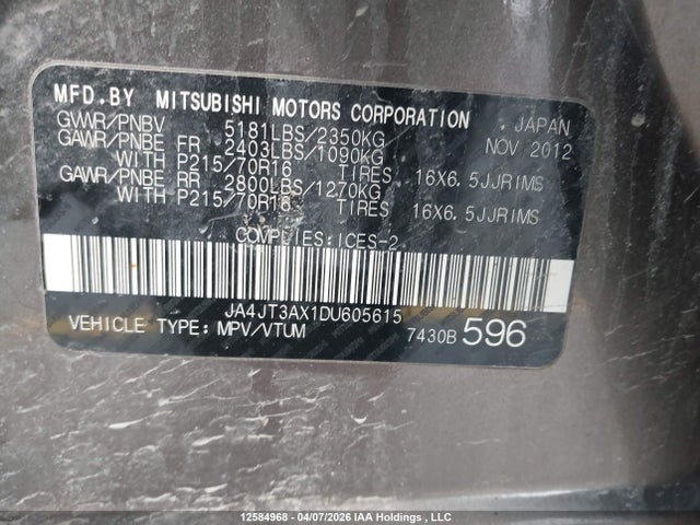 Продажа на аукционе авто 2013 Mitsubishi Outlander Ls, vin: JA4JT3AX1DU605615, номер лота: 12584968