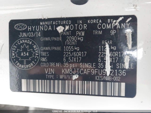 2015 Hyundai Tucson Gls მანქანა იყიდება აუქციონზე, vin: KM8JTCAF9FU952136, აუქციონის ნომერი: 12592102