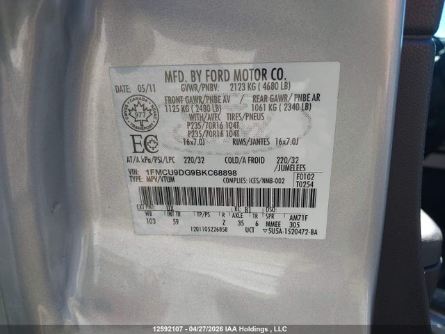 Продажа на аукционе авто 2011 Ford Escape Xlt, vin: 1FMCU9DG9BKC68898, номер лота: 12592107