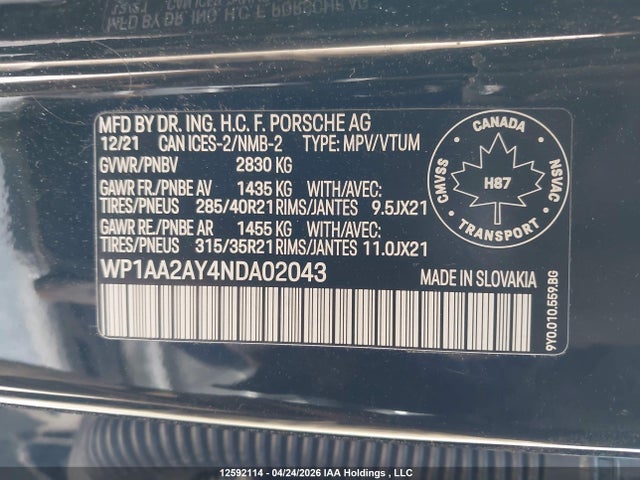 Продаж на аукціоні авто 2022 Porsche Cayenne Platinum Edition, vin: WP1AA2AY4NDA02043, номер лоту: 12592114